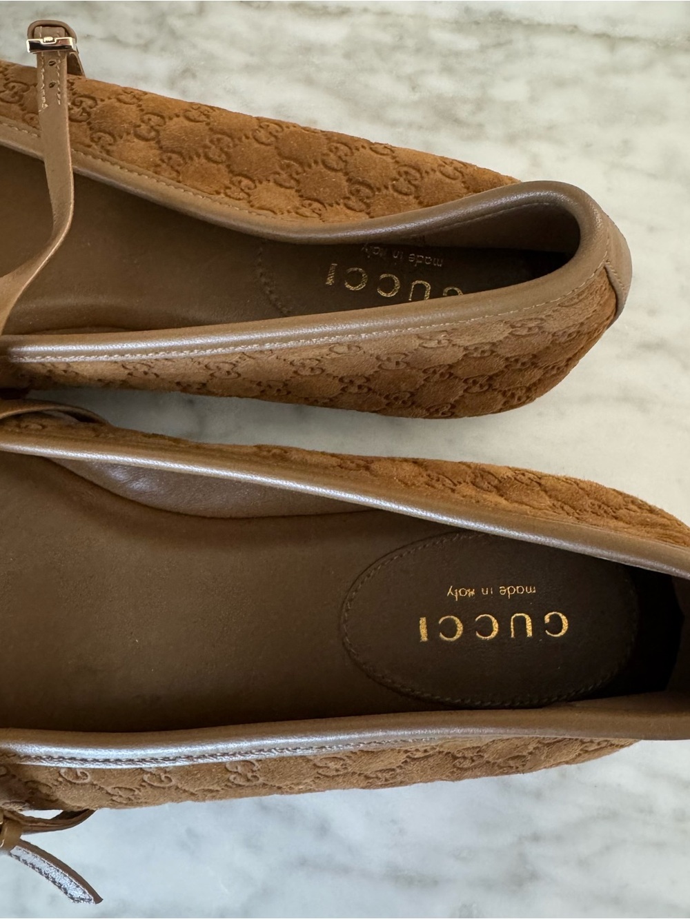 Gucci Brown Suede GG Horsebit Ballet Flats with Ankle Strap - Picture 2 of 7